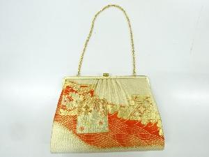 アンティーク　波に松・花古典柄模様織出し和装バッグ
